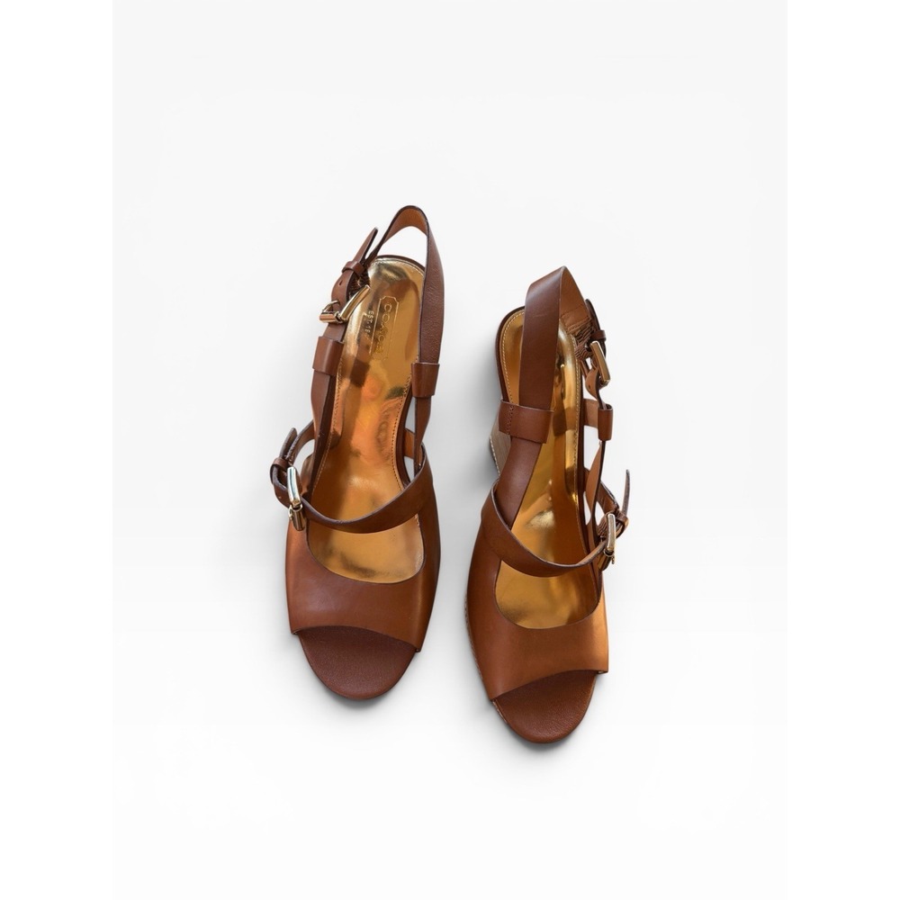 Coach Mary Jo Wedge Sandals 9.5B Brown Leather Platform Slingback Heels EEUC - Picture 2 of 16